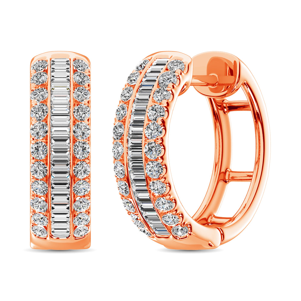 14K Rose Gold Round and Baguette Diamond 1/2 Ct.Tw. Hoop Earrings - thediamondsq