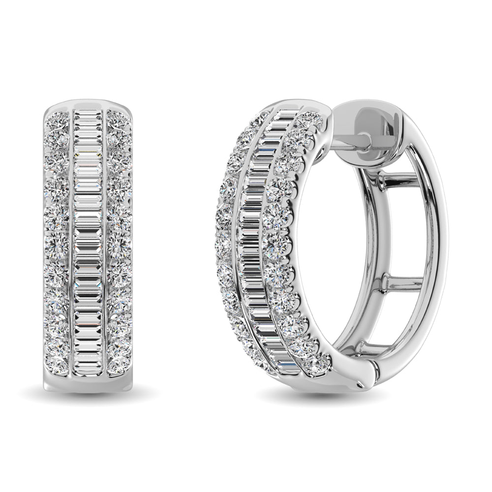 14K White Gold Round and Baguette Diamond 1/2 Ct.Tw. Hoop Earrings - thediamondsq