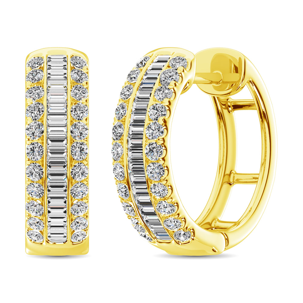 14K Yellow Gold Round and Baguette Diamond 1/2 Ct.Tw. Hoop Earrings - thediamondsq