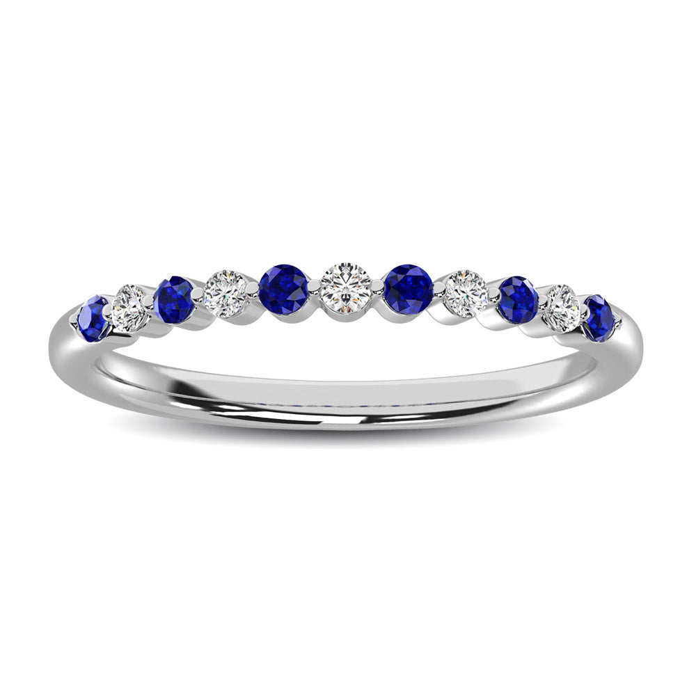 14K White Gold Alternate Diamond 1/4 Ctw and Blue Saphire Ring - thediamondsq