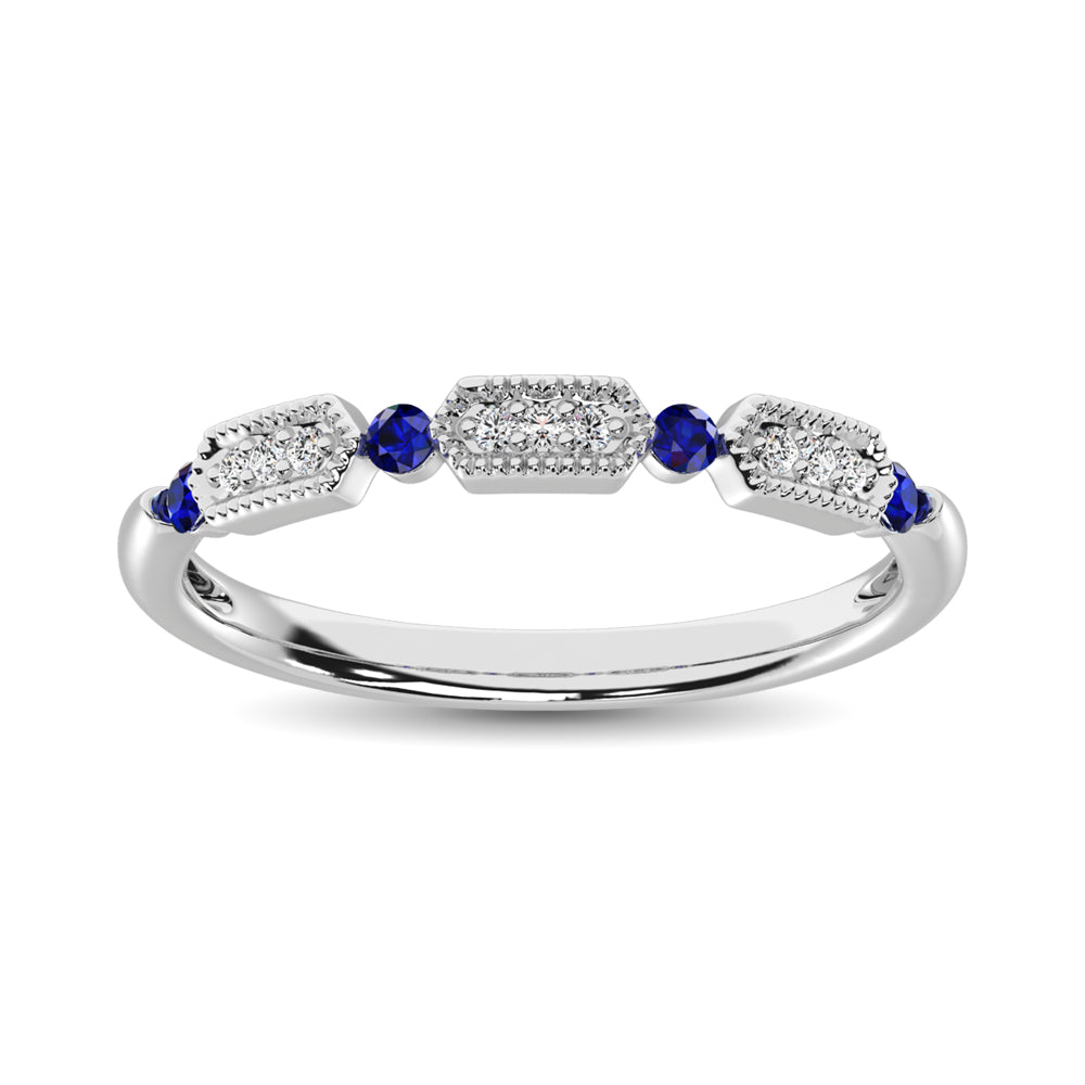 14K White Gold Alternate Diamond 1/5 Ctw and Blue Saphire Ring - thediamondsq