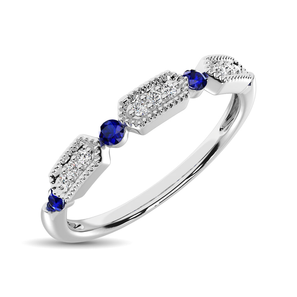 14K White Gold Alternate Diamond 1/5 Ctw and Blue Saphire Ring - thediamondsq
