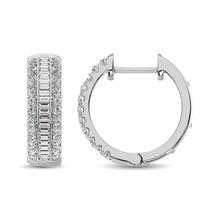 14K White Gold Round and Baguette Diamond 1/2 Ct.Tw. Hoop Earrings - thediamondsq
