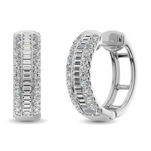 14K White Gold Round and Baguette Diamond 1/2 Ct.Tw. Hoop Earrings - thediamondsq