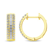 14K Yellow Gold Round and Baguette Diamond 1/2 Ct.Tw. Hoop Earrings - thediamondsq