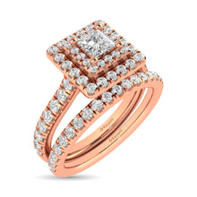 Diamond Classic Shank Double Halo Bridal Ring 1 ct tw Princess Cut in 14K Rose Gold - thediamondsq