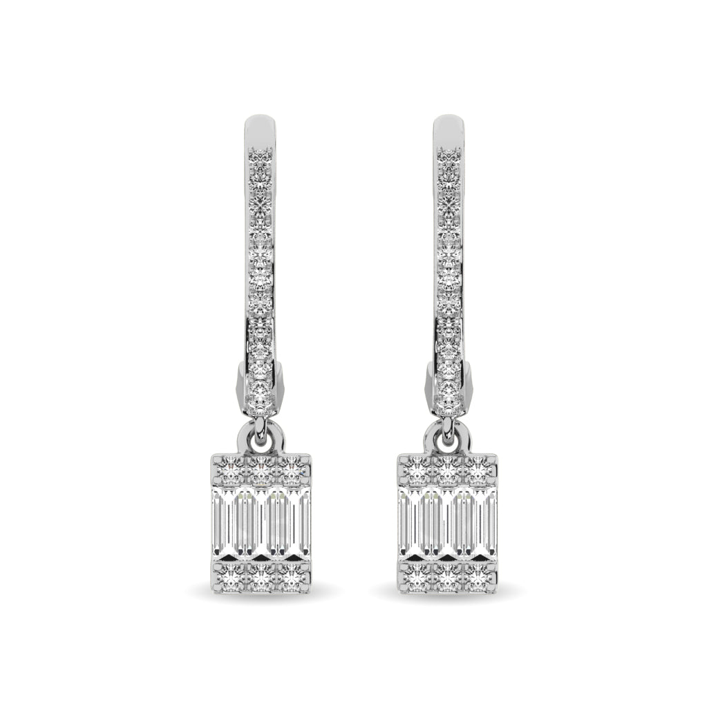 Diamond 1/3 Ct.Tw. Round and Baguette Hoop Earrings in 14K White Gold