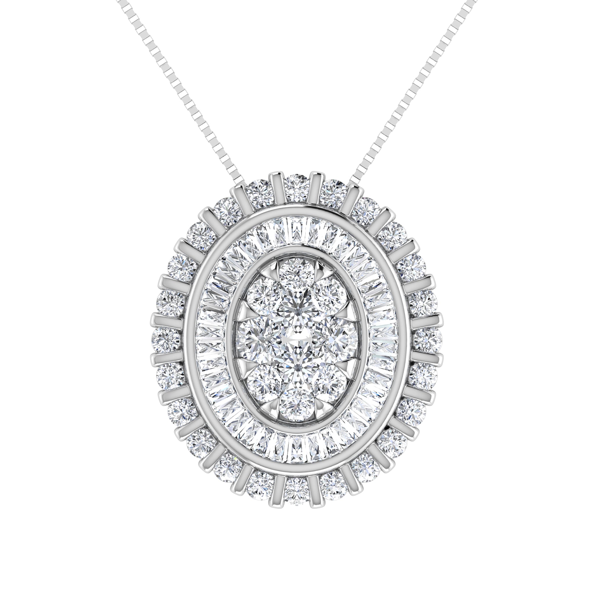 14K White Gold 3/4.Tw. Round and Tapper Diamond Invisible Oval Shape Pendant Pendant