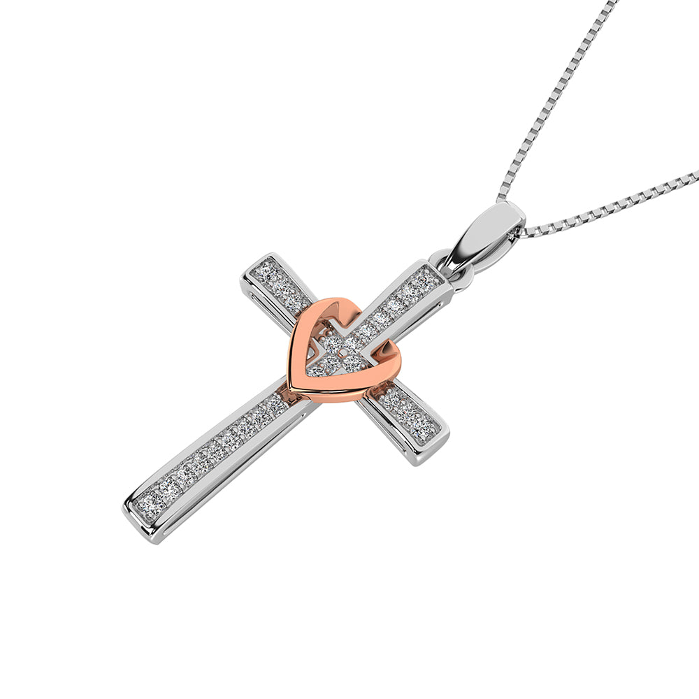 10K White Gold 1/10 Ct.Tw. Diamond Cross Pendant with Rose Gold Heart