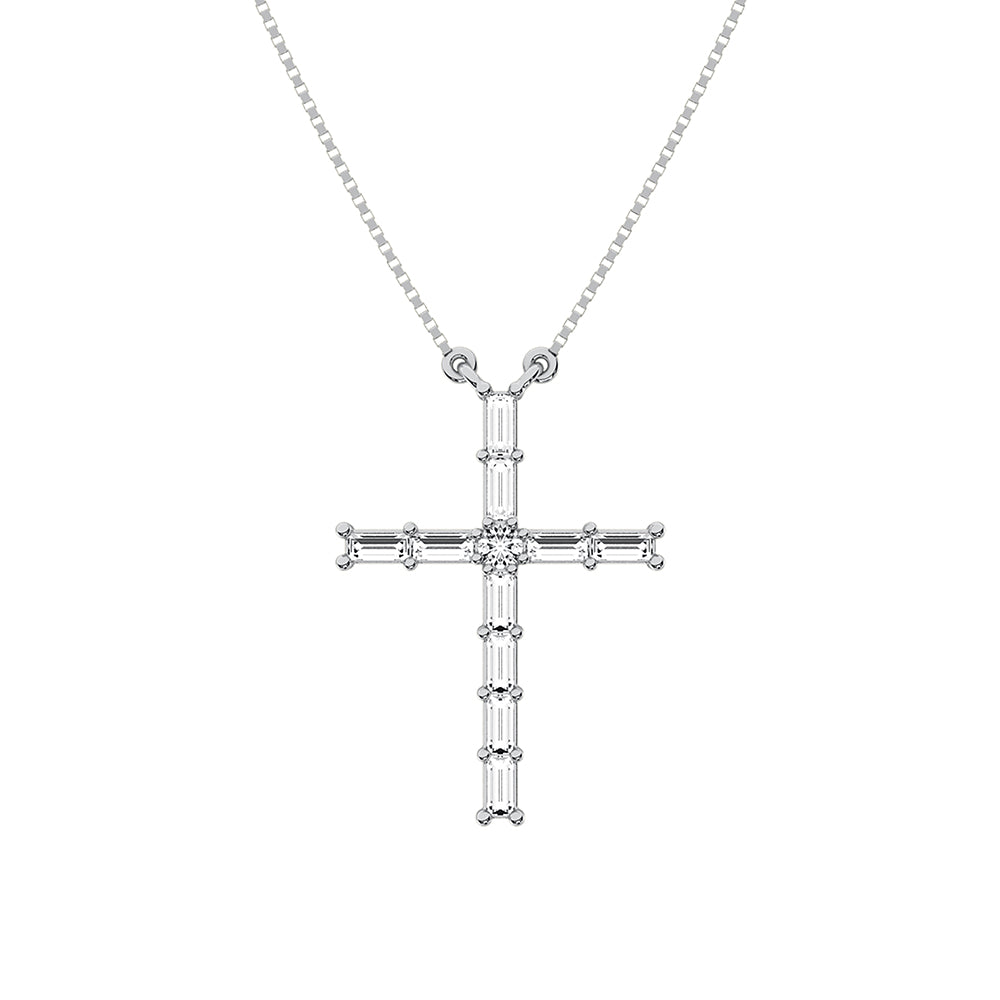 10K White Gold 1/4 Ct.Tw. Diamond Round and Baguette Cross Necklace