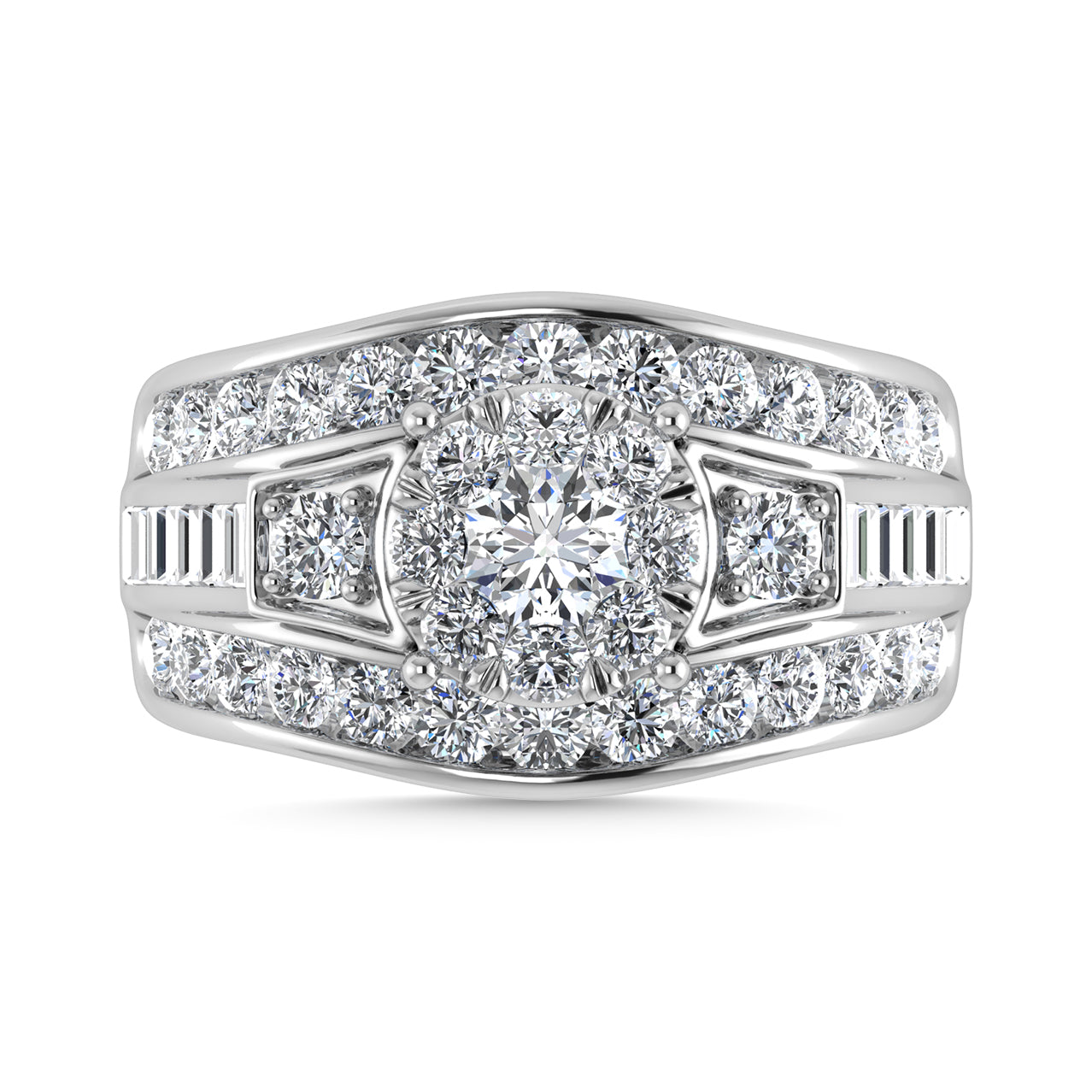 Diamond 2 Ct.Tw. Round and Flat Straight Baguette Engagement Ring in 14K White Gold