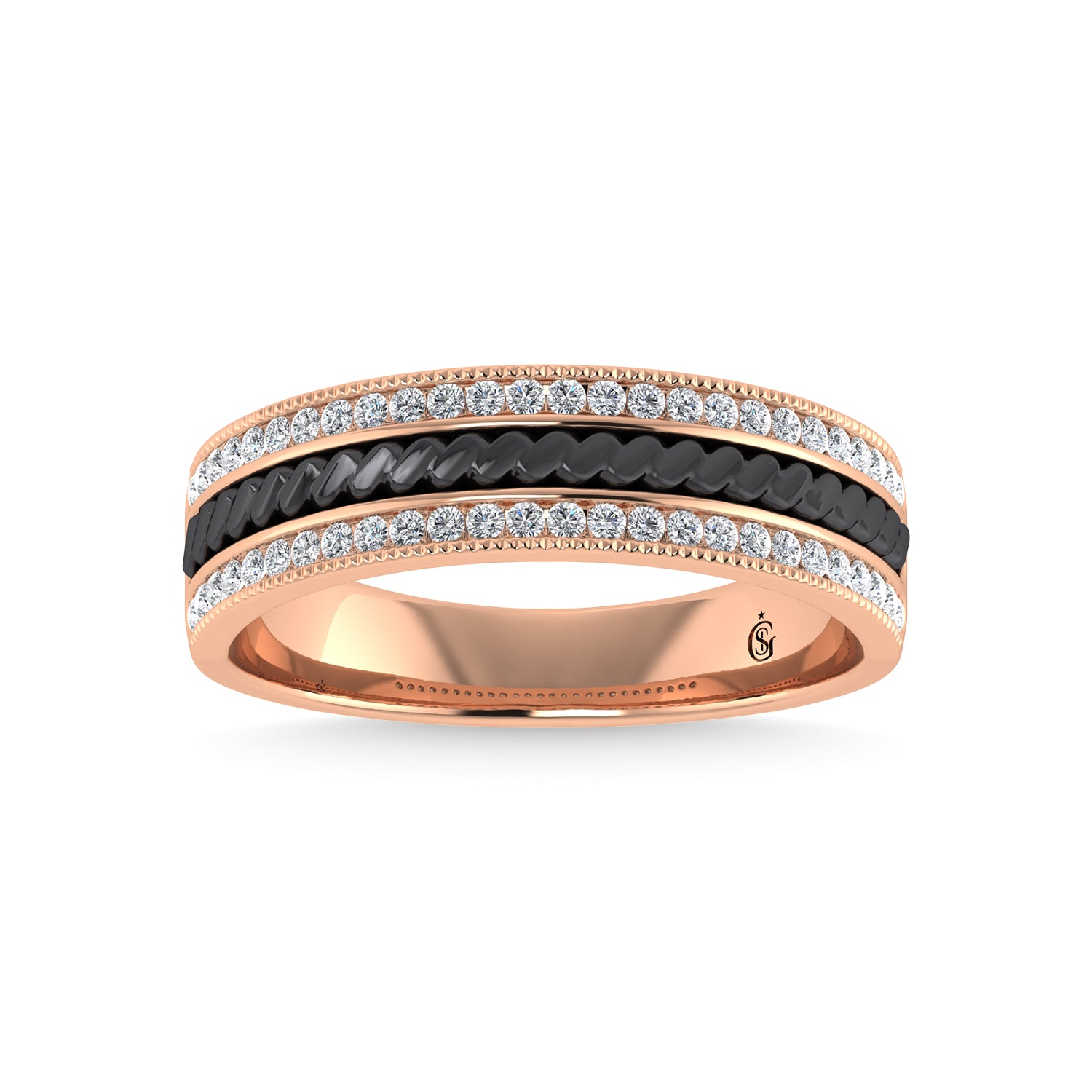 14K Rose Gold Diamond 1/3 Ct.Tw. With Black Rhodium Facet Mens Machine Band
