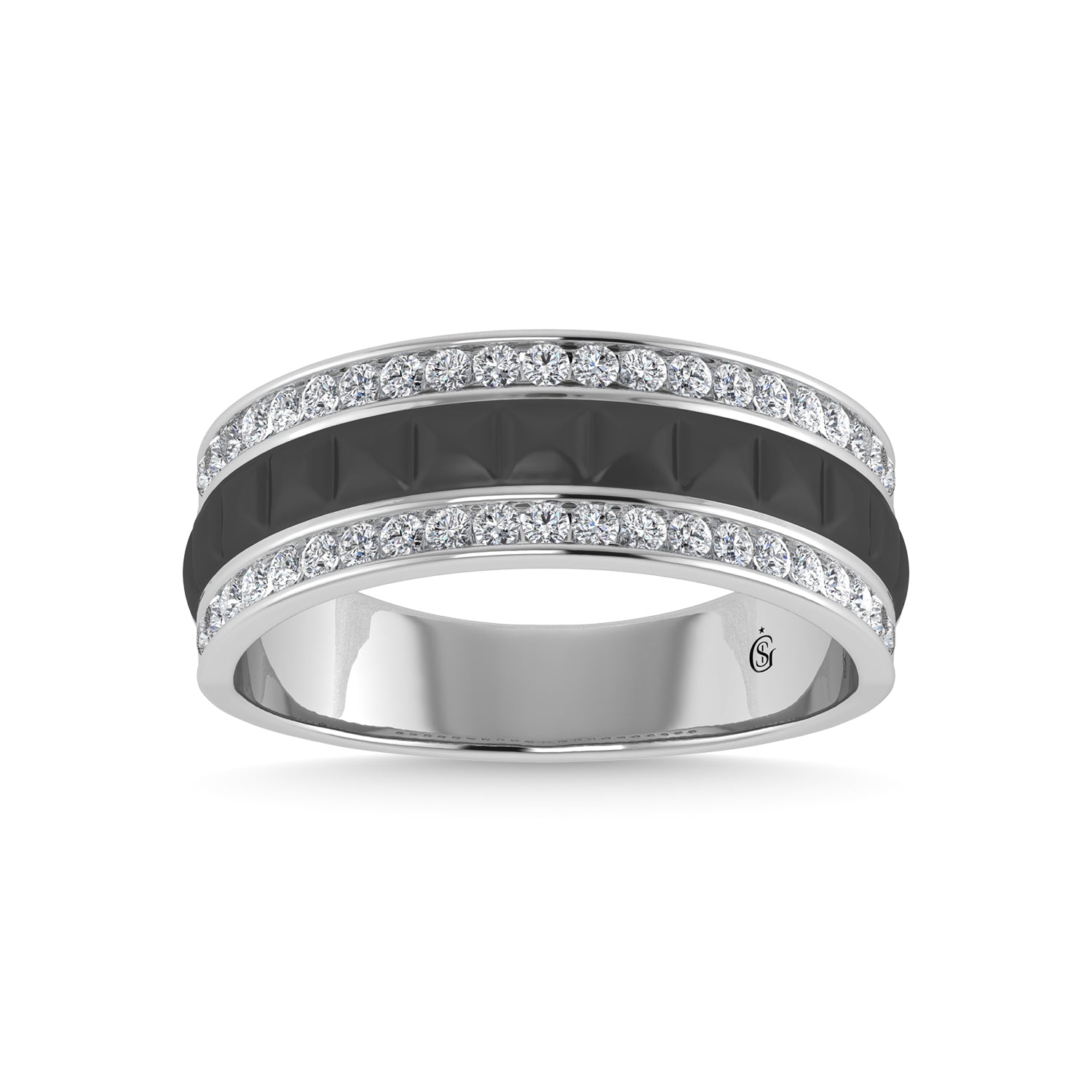 14K White Gold Diamond 1/2 Ct.Tw. With Black Rhodium Facet Mens Machine Band