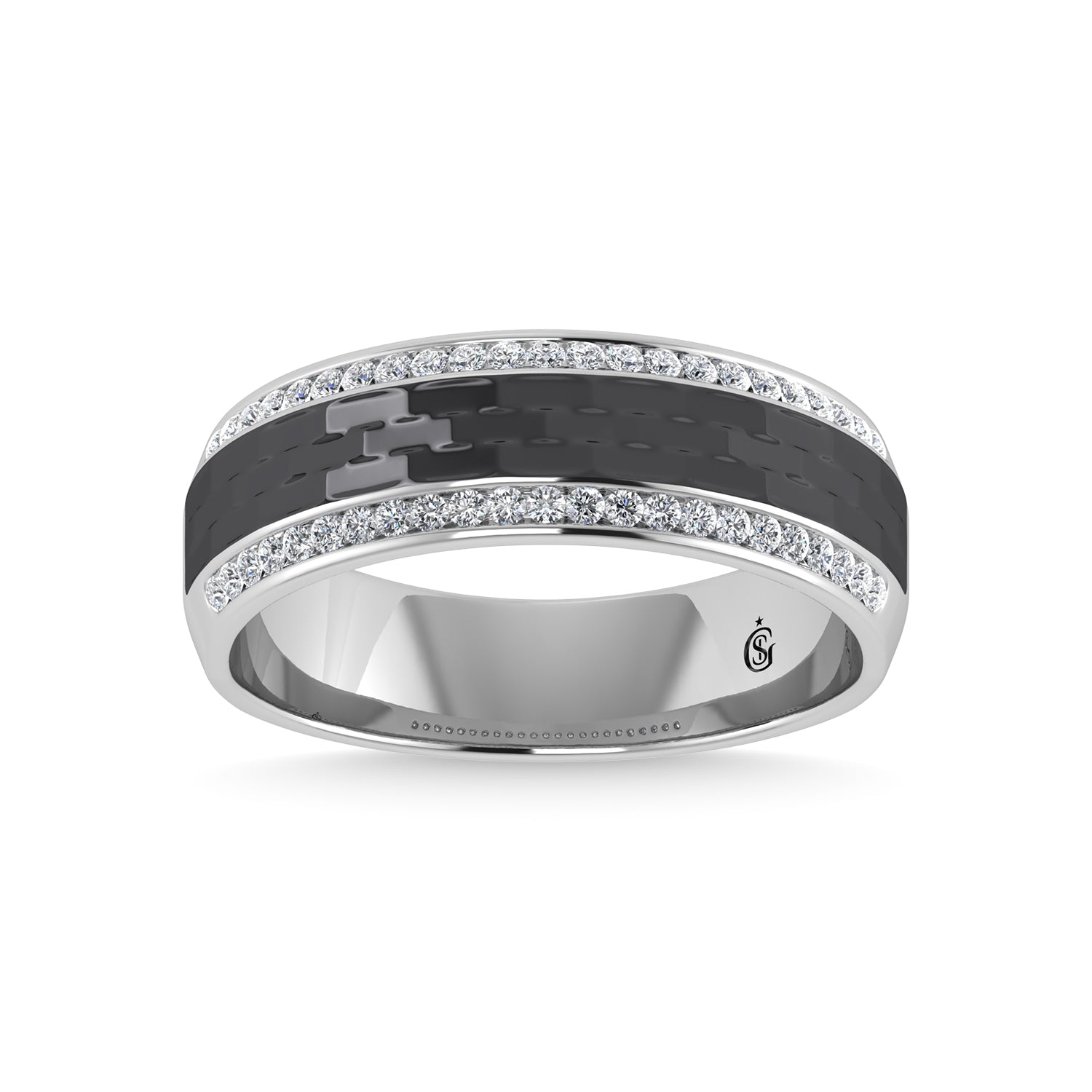 14K White Gold Diamond 1/4 Ct.Tw. With Black Rhodium Facet Mens Machine Band