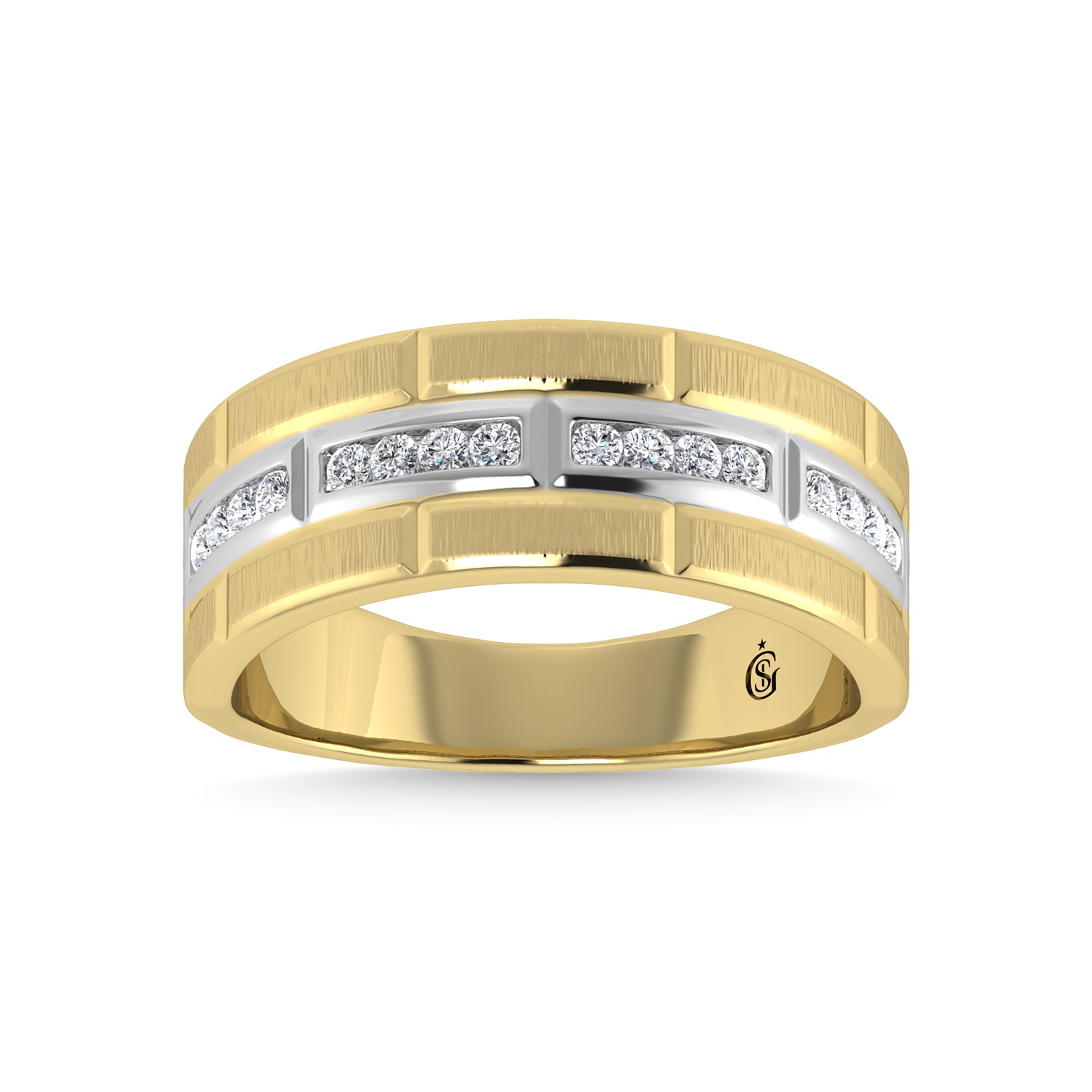 14K Yellow Gold Diamond 1/4 Ct.Tw. With White Rhodium Facet Mens Machine Band