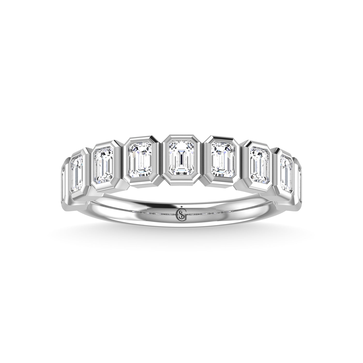 14K White Gold Diamond 1 1/3 Ct.Tw. Emerald Shape Half Way Bezel Band