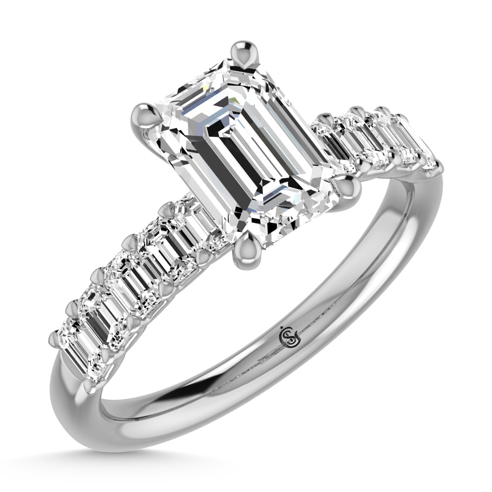 14K White Gold Diamond 1 Ct.Tw. Emerald Shape Half way Engagement Ring (Center 2 ctw)