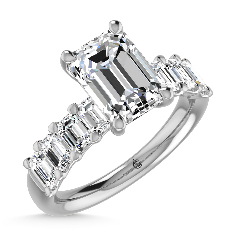 14K White Gold Diamond 1 5/8 Ct.Tw. Emerald Shape Half Way Semi Engagement Ring (3ct Center)