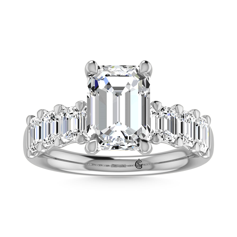 14K White Gold Diamond 1 5/8 Ct.Tw. Emerald Shape Half Way Semi Engagement Ring (3ct Center)