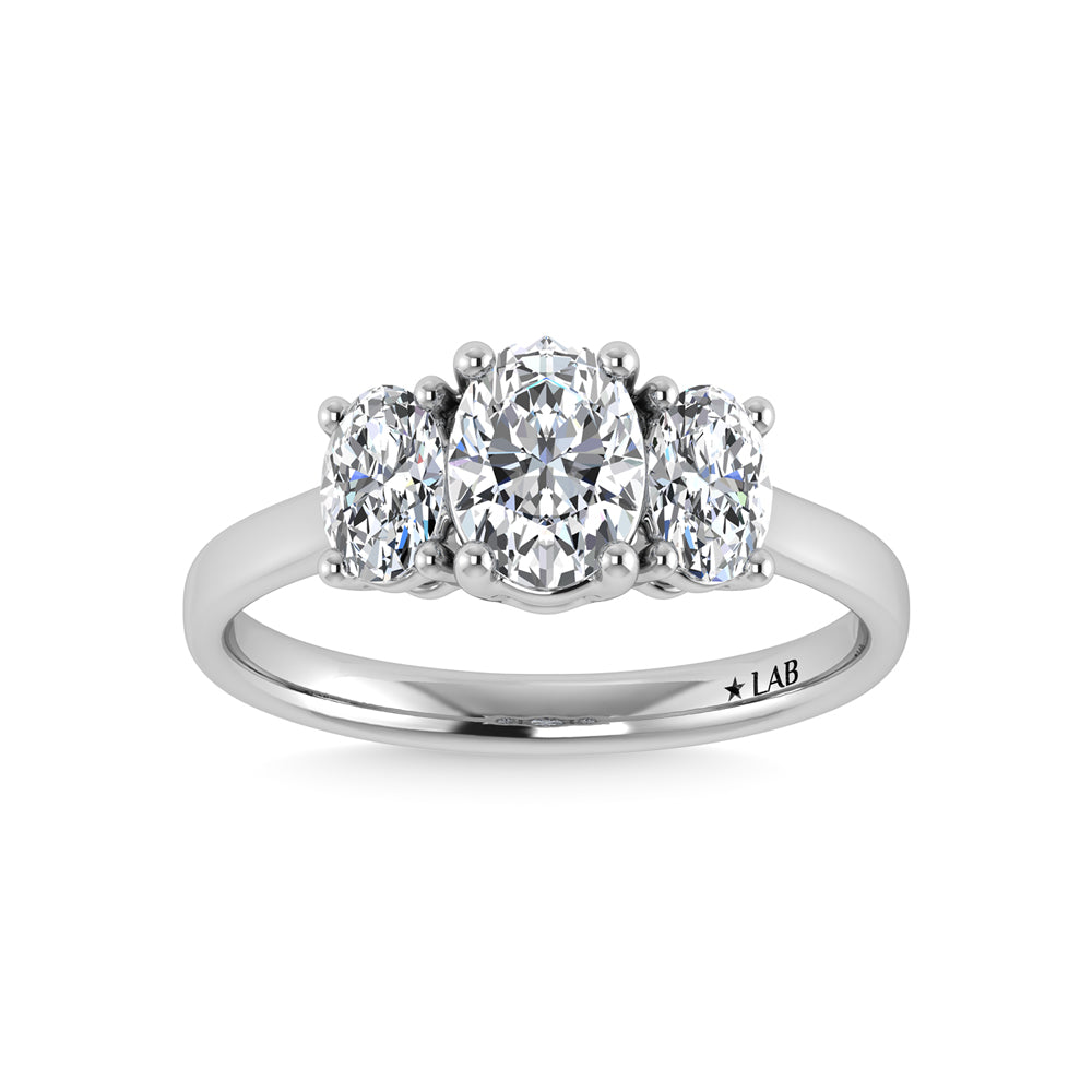 14K White Gold Lab Grown Diamond 2 Ct.Tw. Plain Shank Oval Shape Three Stone Engagement Ring