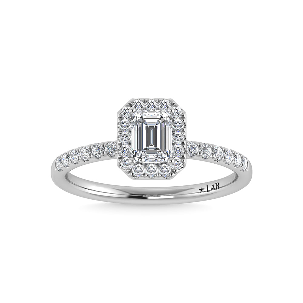 14K White Gold Lab Grown Diamond  1 Ct.Tw. Shank Emerald Shape Halo Engagement Ring