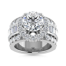 14K  White Gold Lab Grown Round and Baguette Diamond 6 7/8 Ct.Tw. ( 4 Ctw Center) Engagement Ring