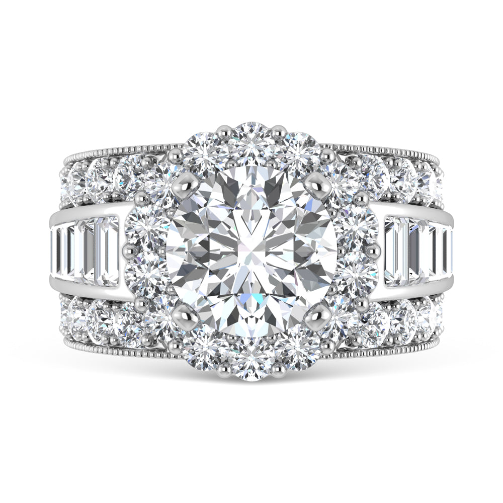 14K  White Gold Lab Grown Round and Baguette Diamond 6 7/8 Ct.Tw. ( 4 Ctw Center) Engagement Ring