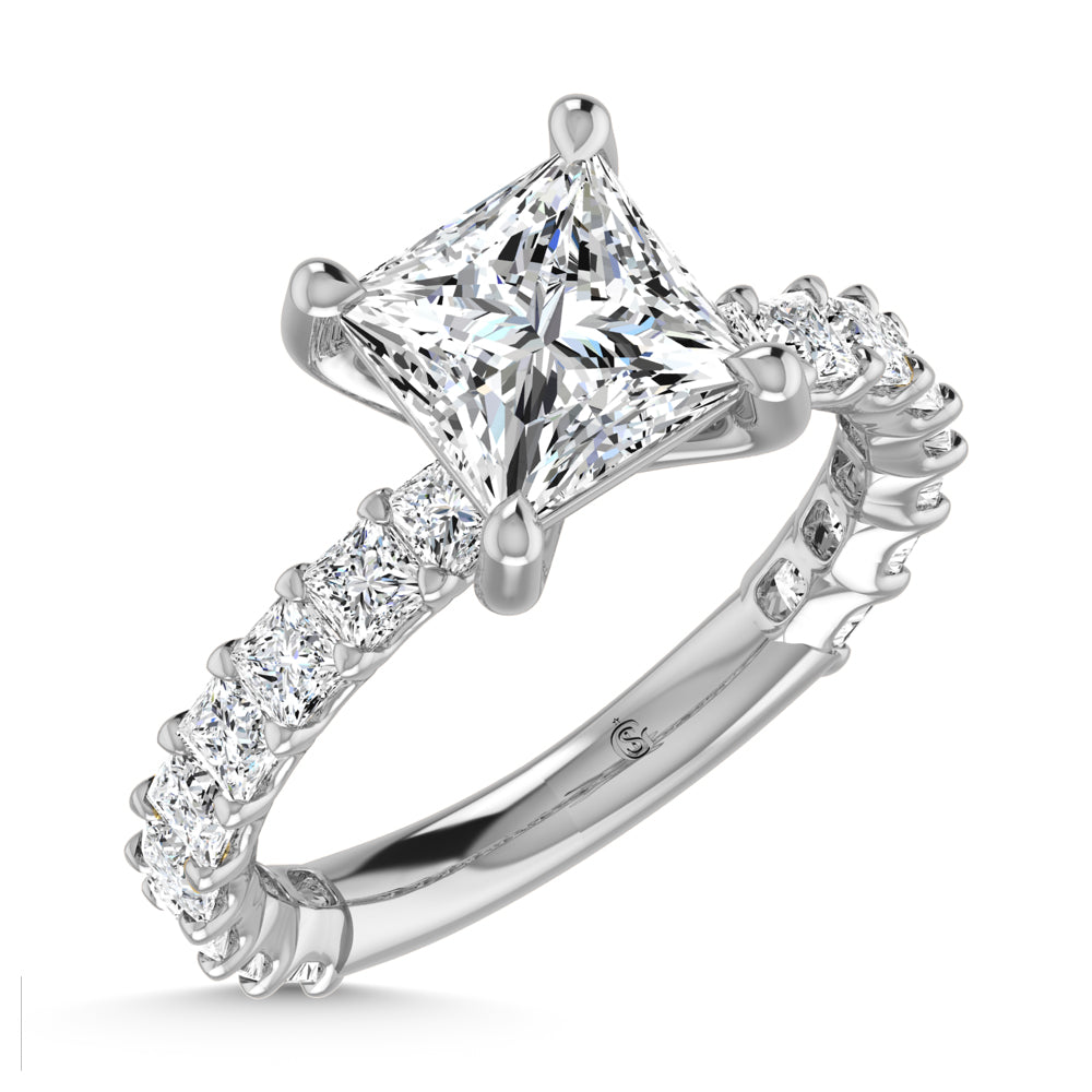 14K White Gold Diamond 1 3/4 Ct.Tw. Princess Shape Three Forth way Engagement Ring (Center 2 ctw)