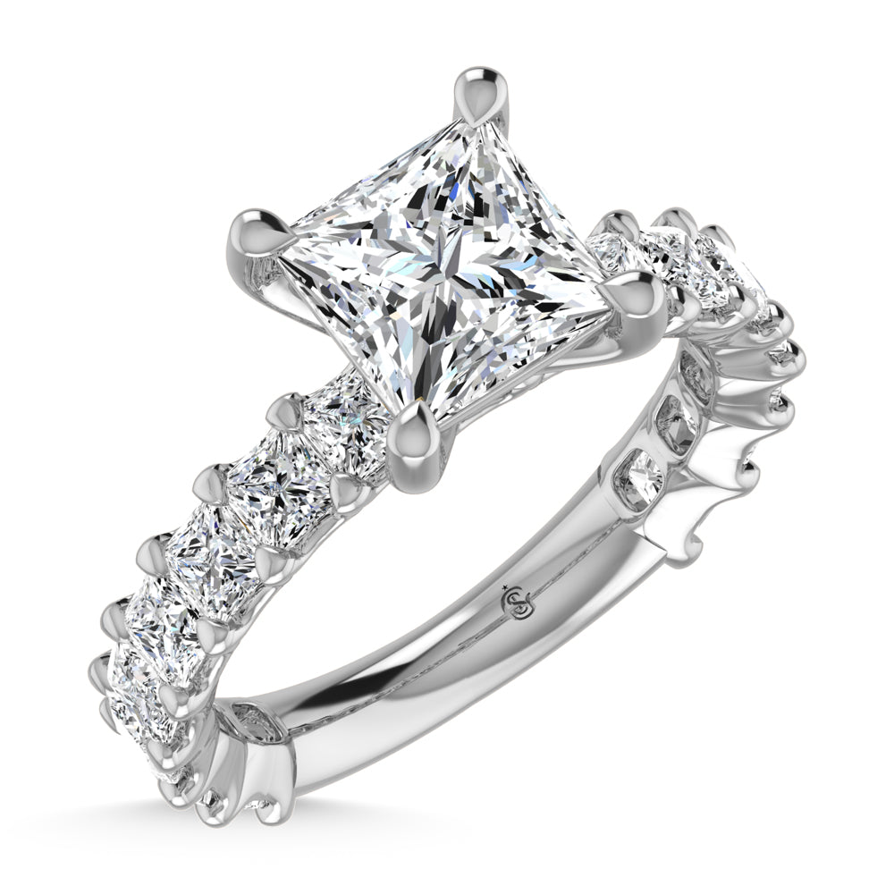 14K White Gold Diamond 2 3/8 Ct.Tw. Princess Shape Three Forth way Engagement Ring (Center 2 ctw)