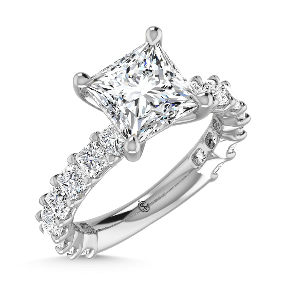 14K White Gold Diamond 3 1/5 Ct.Tw. Princess Shape Three Forth way Engagement Ring (Center 2 ctw)