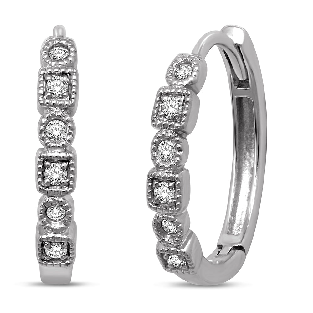 14K White Gold 1/10 Ct.Tw. Diamond  Stackable Hoop Earrings - thediamondsq